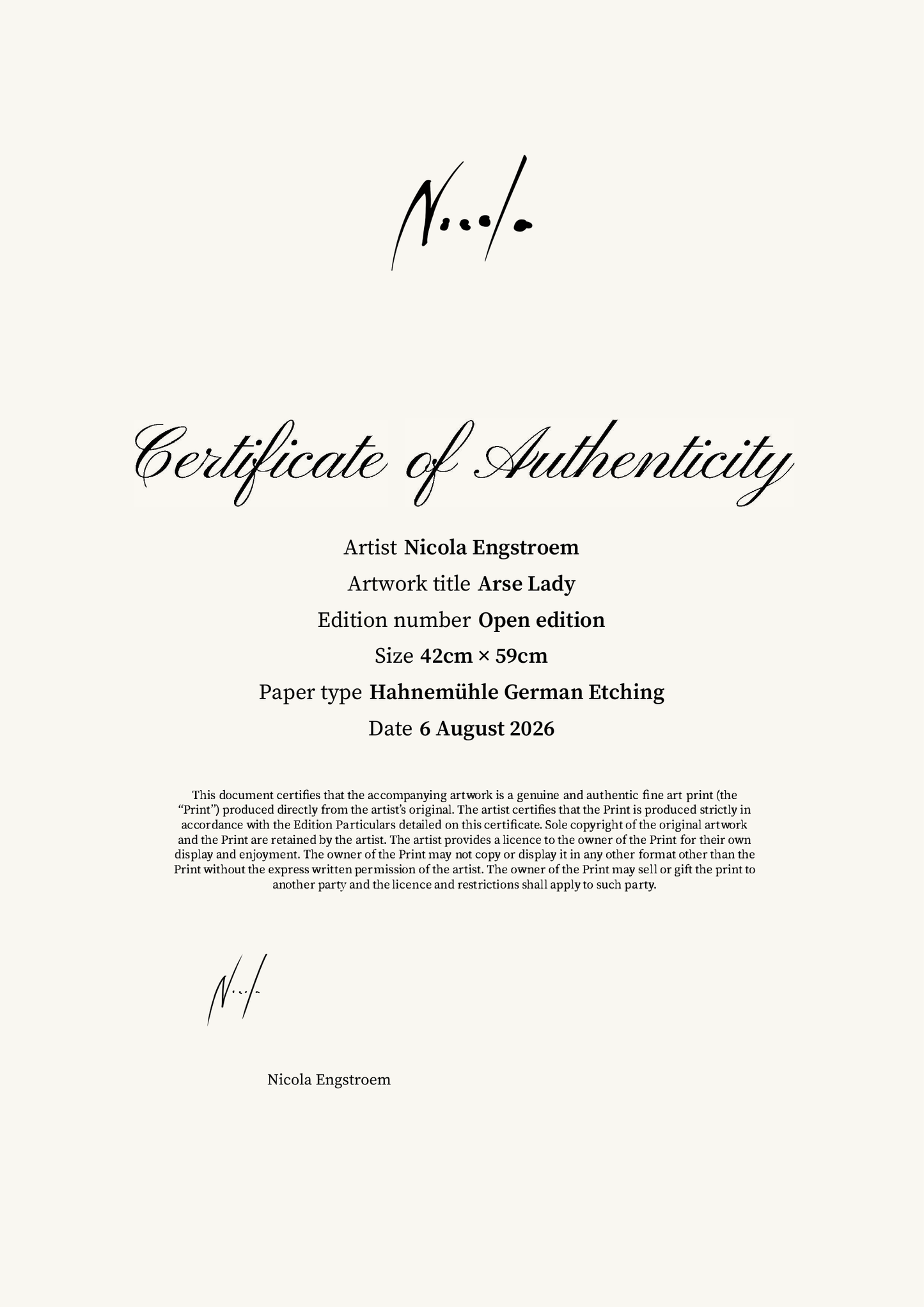 Arse Lady — Certificate of Authenticity