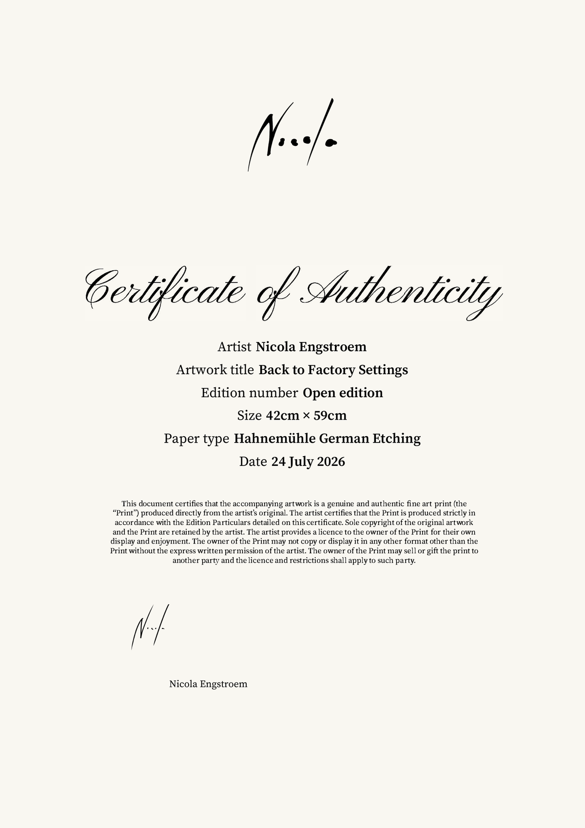 Back to Factory Settings — Certificate of Authenticity
