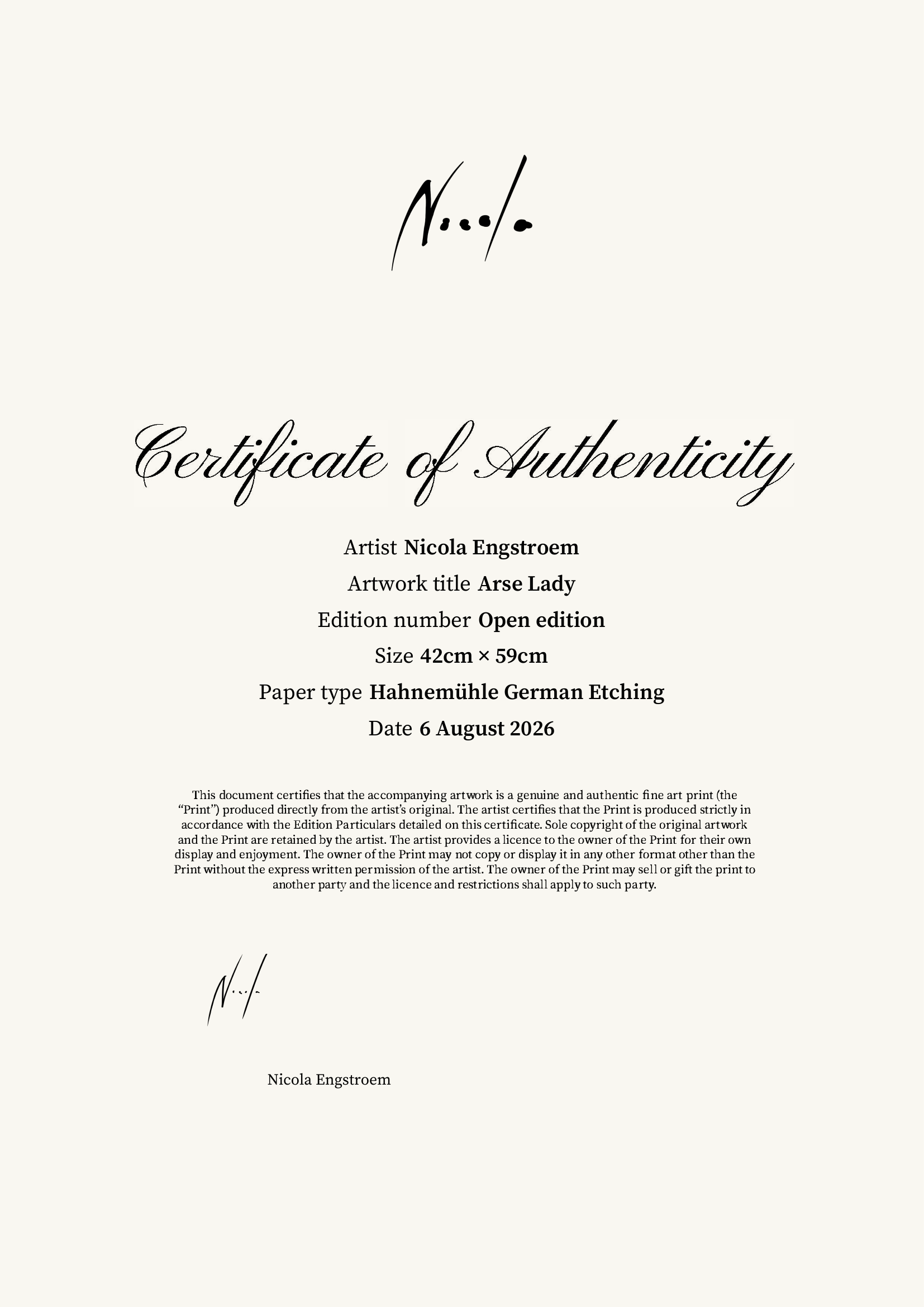 Arse Lady — Certificate of Authenticity