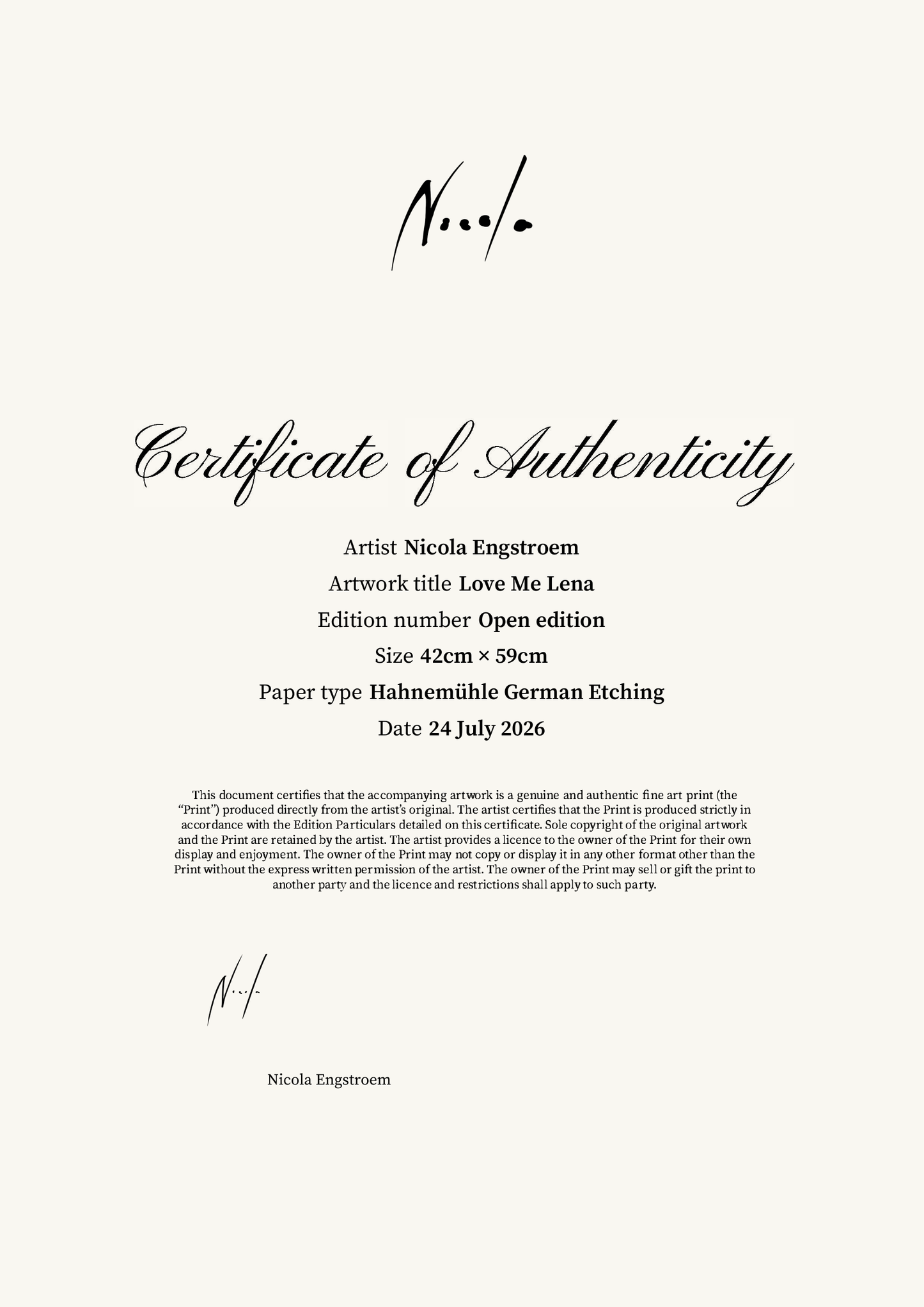 Love Me Lena — Certificate of Authenticity