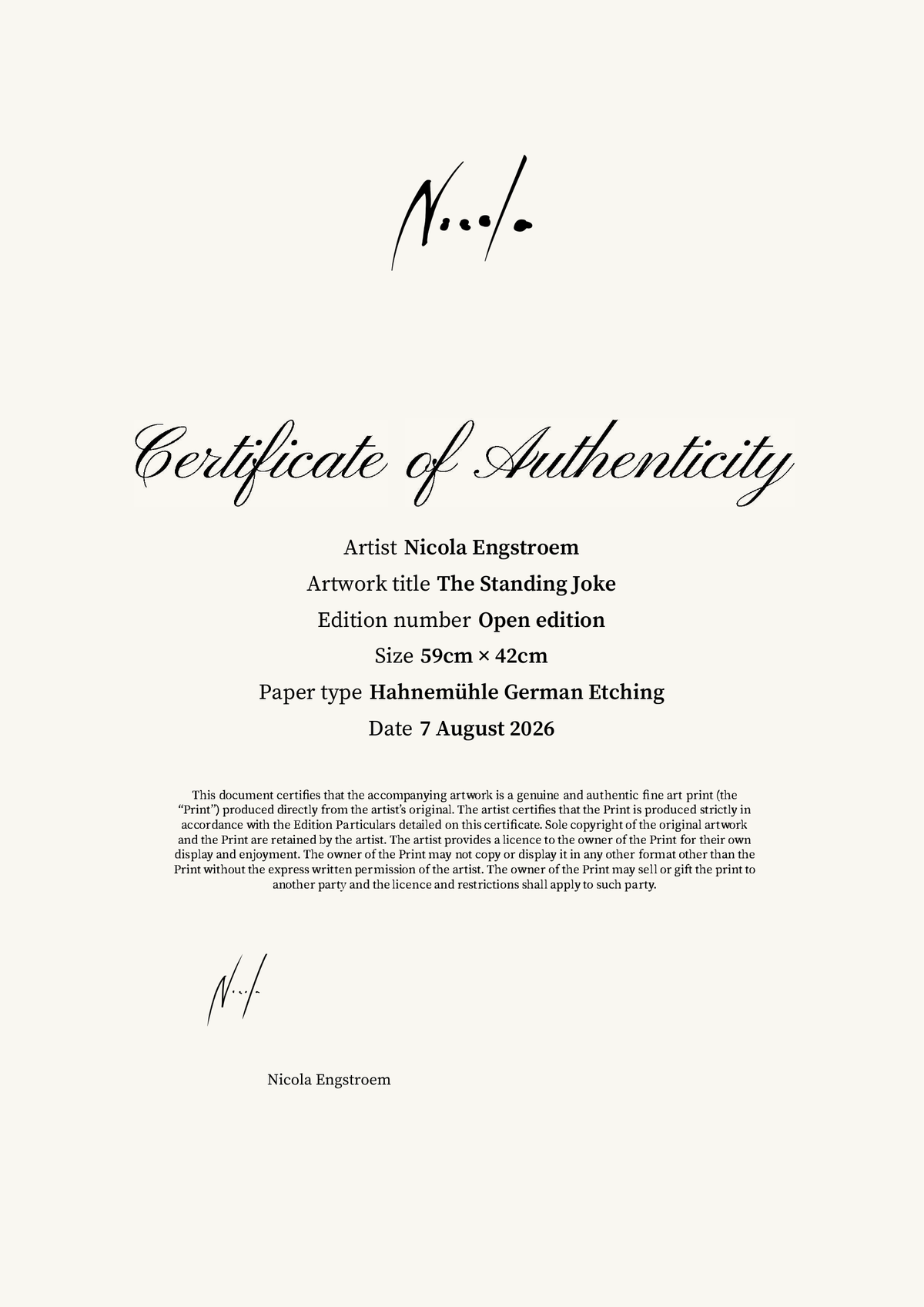 The Standing Joke — Certificate of Authenticity