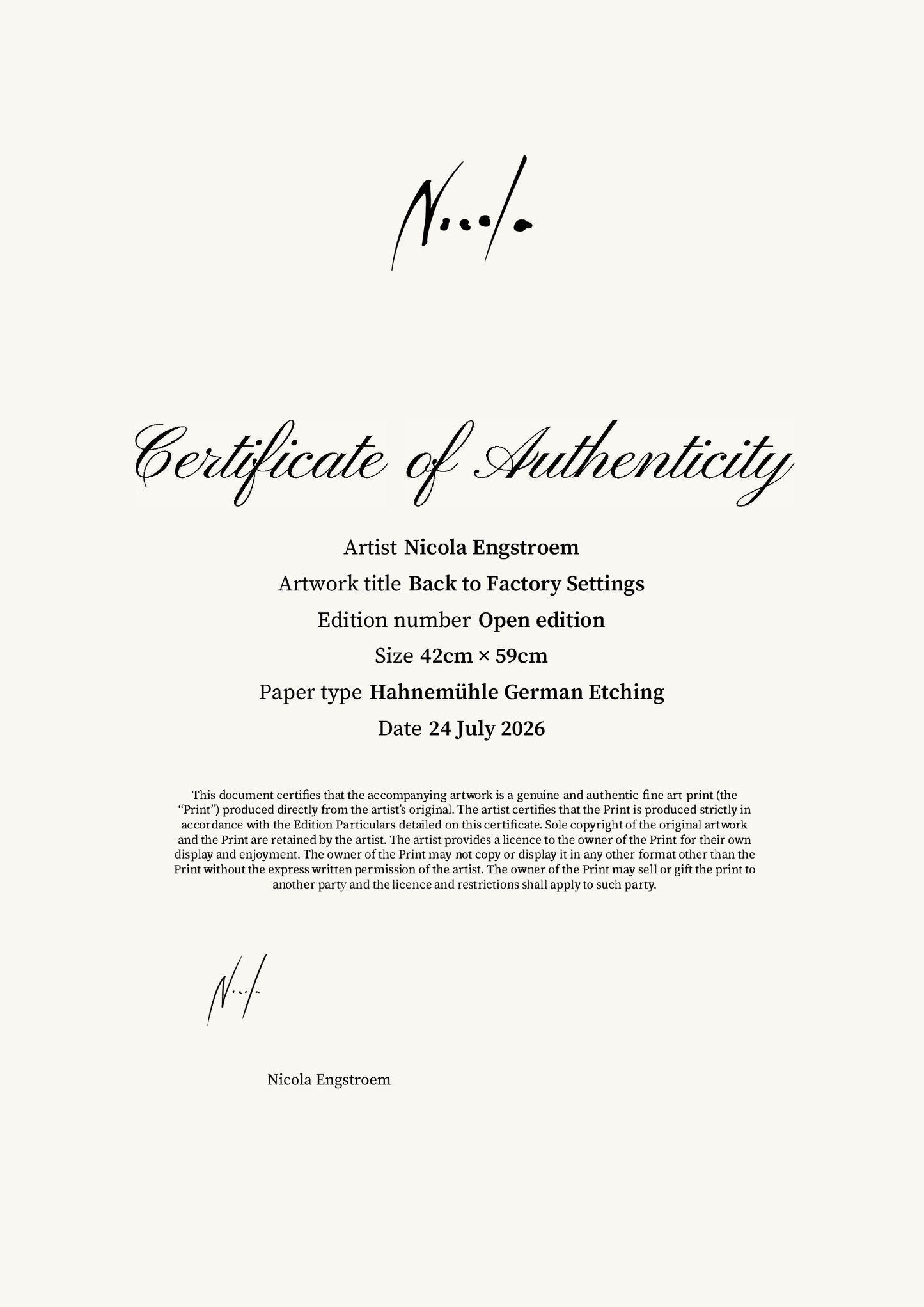 Back to Factory Settings — Certificate of Authenticity