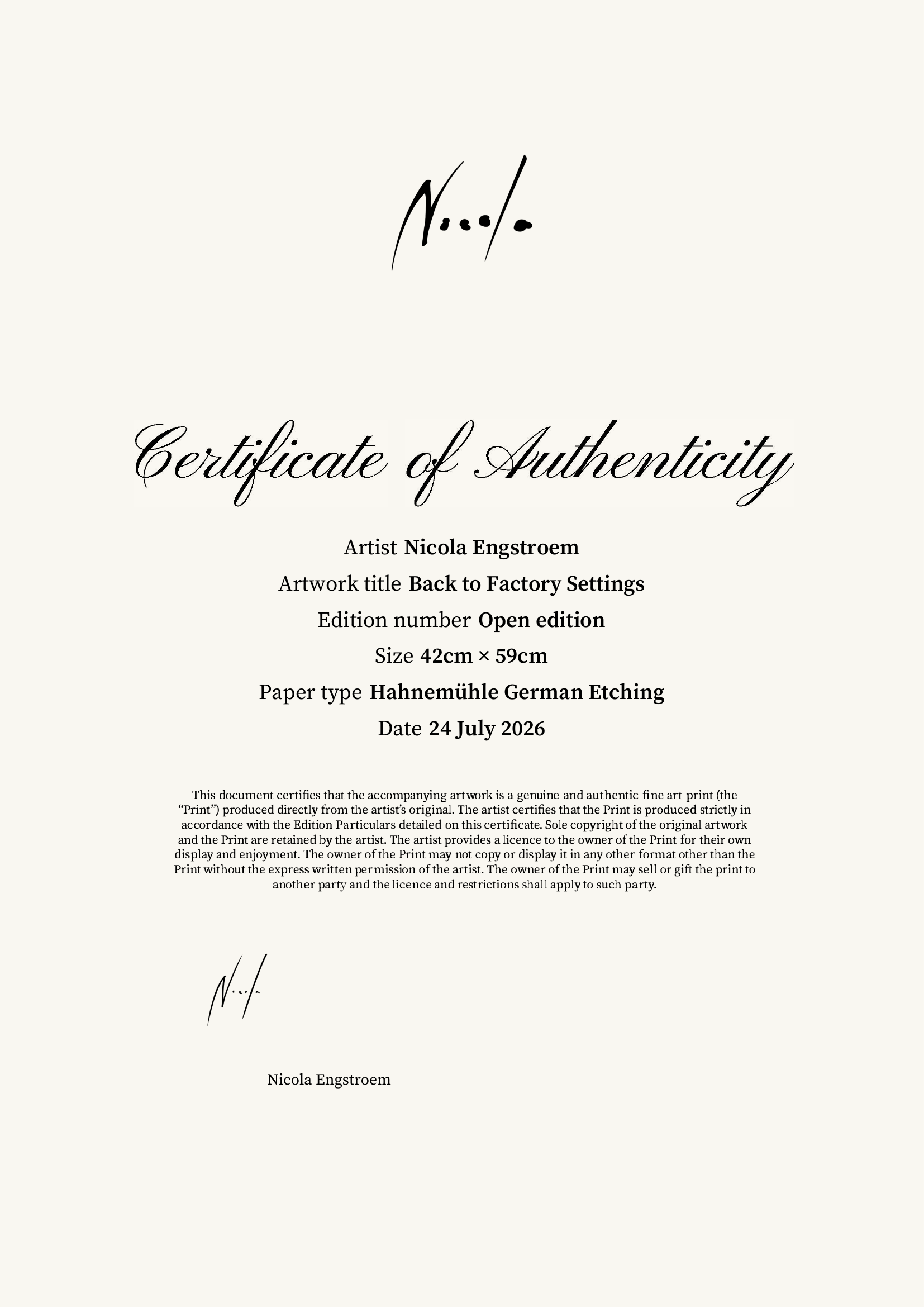 Back to Factory Settings — Certificate of Authenticity